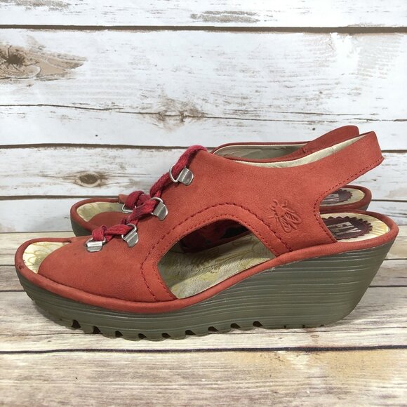 Fly London Ylfa Open Toe Wedge Sandals Womens Size 40 (9) Lace Up Red Slingback - Picture 3 of 12